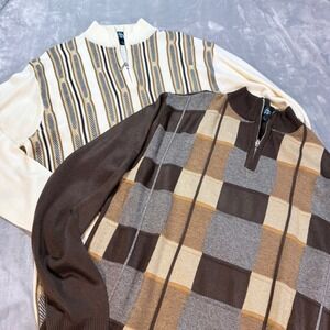 2- Steve Harvey Celebrity Edition Pullover Sweater Quarter Zip Cream Brown Plaid